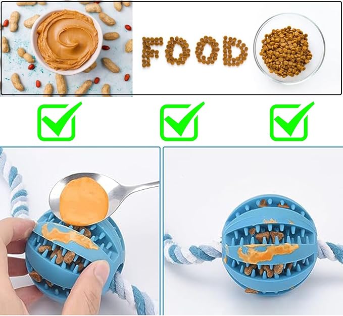 Engorgio Interactive Dog Chew Toys Crate Training Aids for Puppies, Puzzle Treat Dispenser with Rope Dogs Toy Ball Reduce Stress Anxiety Peanut Butter Dog Food Treat Dispenser Toys (Blue)