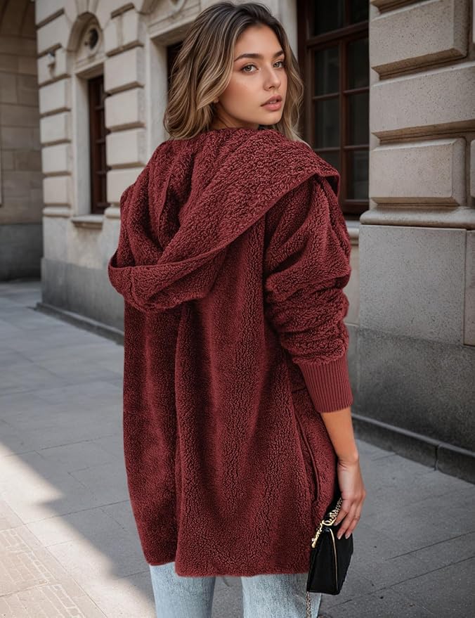 Zilcremo Women Hooded Cardigan Fuzzy Jacket Winter Open Front Fleece Coat Outwear with Pockets
