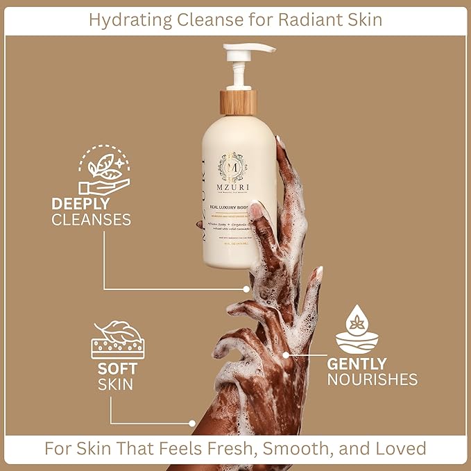 MZURI Body Wash, African Black Soap, Organic Coconut Oil, & Wild Coronado Cherry, Moisturizing, Hydrating, & Gentle Formula for Dry, Sensitive Skin, Shea Butter Luxury Body Wash - 16 Fl. Oz