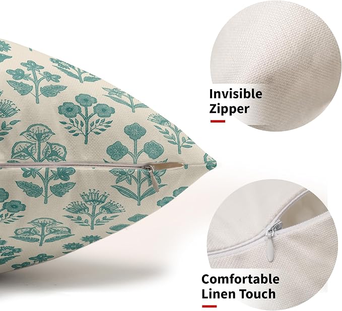 Teal Floral Pillow Covers 12x20 Inch Set of 2, Block Print Lumbar Flower Cream Decorative Throw Pillowcases Outdoor Farmhouse Rectangle Cushion Covers Spring Summer Sofa Couch Bed Decor