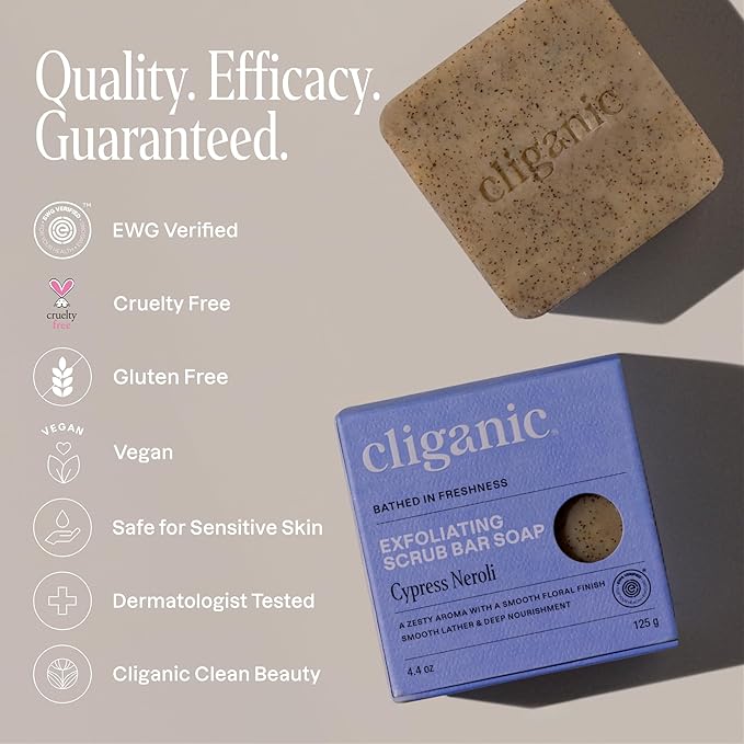 Cliganic Exfoliating Bar Soap – Body Scrub Soap with 98% Natural Ingredients Cleanses, Smooths & Revitalizes Skin, Moisturizing Soap Bar - Cypress Neroli (2 Pack)