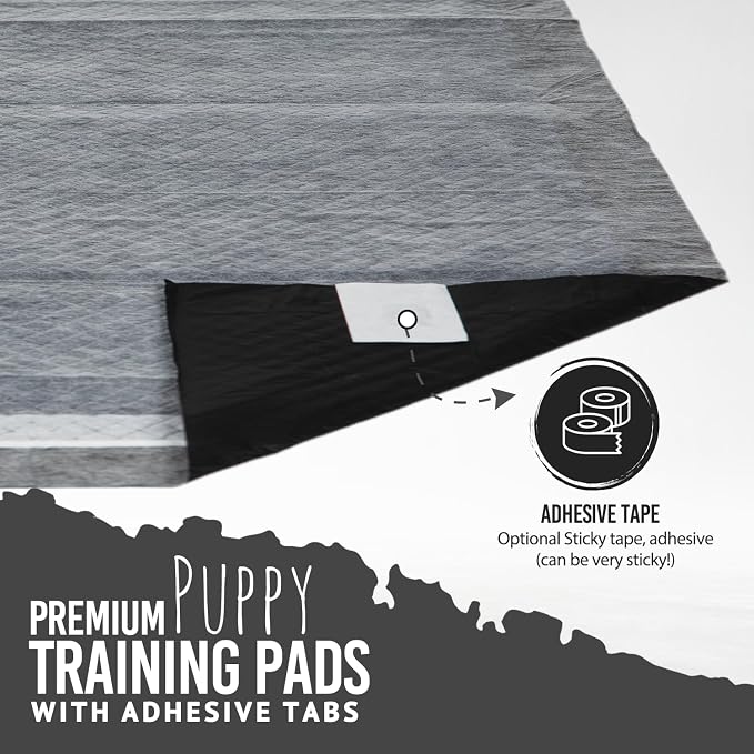 Bulldoglogy Carbon Black Puppy Pee Pads with Adhesive Sticky Tape - Large Charcoal Housebreaking Dog Training Wee Pads (24x24) 6 Layers with Extra Quick Dry Bullsorbent Polymer Tech (100-Count)