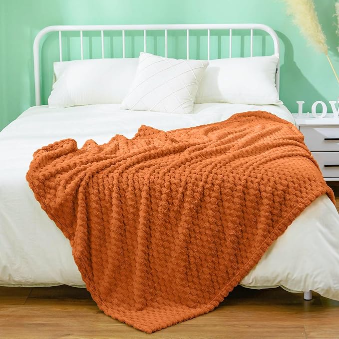 Excervent Hexagon Jacquard Throw Blanket for Bed, 50x60 Inch, Burnt Orange | Decorative Fuzzy Flannel Fleece Throw Blanket for Sofa Bed Couch, Super Soft Cozy, Suitable for All Seasons