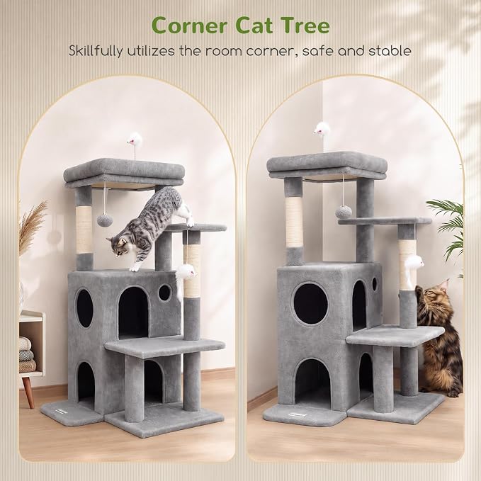 Globlazer Cat Tree Tower for Indoor Cats, 50-inch Adult Cat Tree House for Large Adult Cats with Steps, Scratching Post, 2 Cat Caves, Dangling Toys, FC50, Light Grey