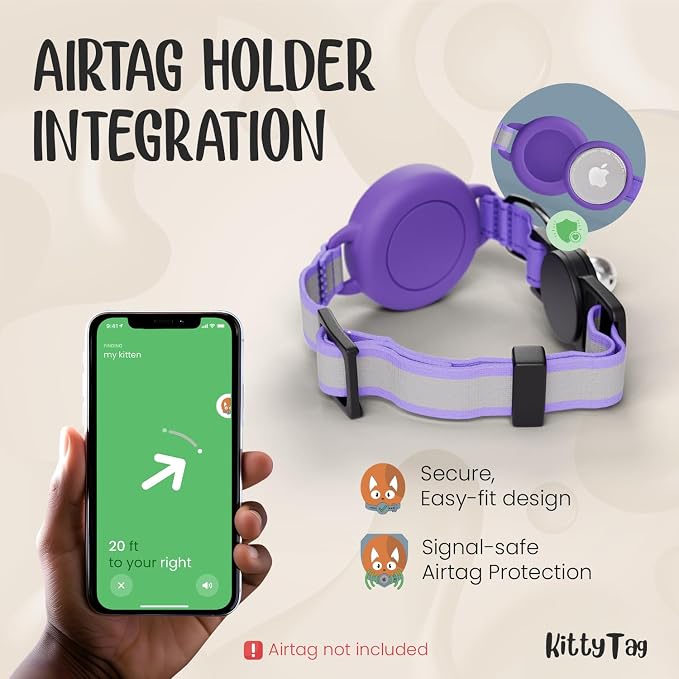 AirTag Cat Collar – Breakaway Reflective & Waterproof Collar with Built-in Holder, Adjustable with Bell for Indoor/Outdoor Cats – AirTag Not Included, Purple (9-12")