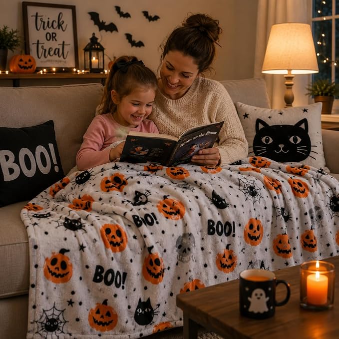 Halloween Fleece Throw Blanket, BOO, Cute Cats & Pumpkins, on Gray, 50x70 | Ultra-soft cozy flannel fleece, for sofa bed couch chair & dorms, spooky Halloween décor, durable and machine washable.