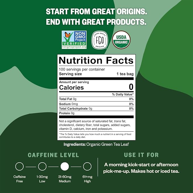 FGO Organic Green Tea, 100 Count Eco-Conscious Tea Bags, Caffeinated, Resealable Pouch, Packaging May Vary (Pack of 1)