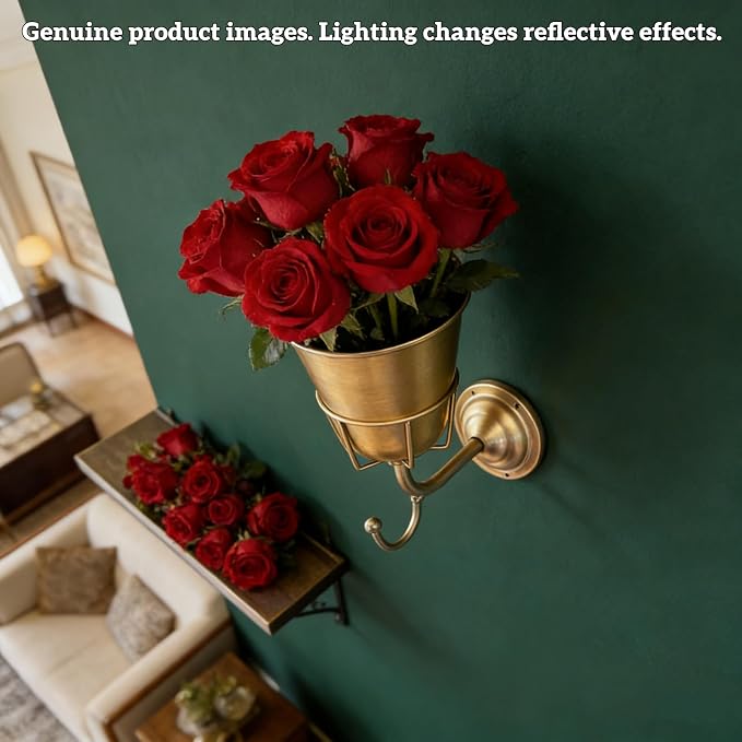 Metal Wall Vase for Flowers with Hook, Gold Wall Mounted Vase | pace-Saving Wall Flower Display with Built-In Hook