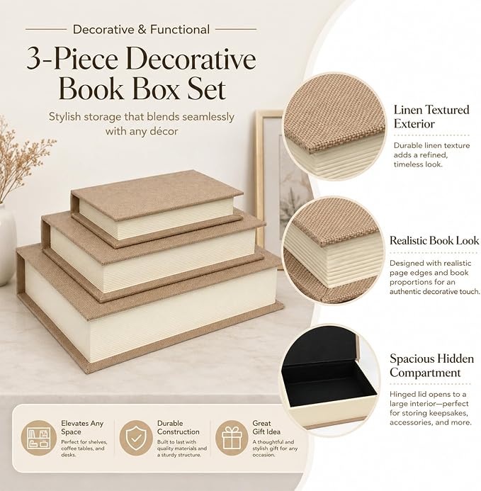 Decorative Faux Linen Book Box Set Neutral Home Decor Display Books, 13" | Living Room Decor, Bedroom Decor, Office Decor, Bookshelf Display, Coffee Table, Farmhouse, Rustic, Vintage Style