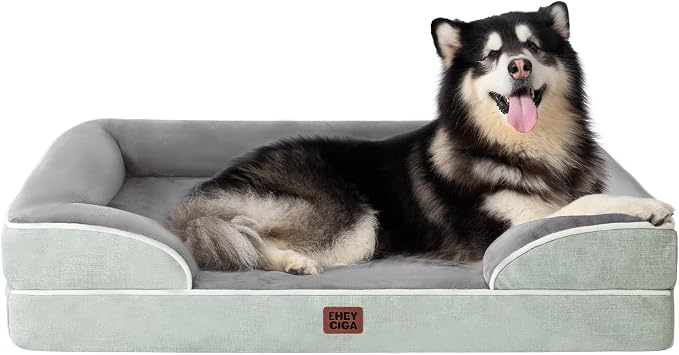 EHEYCIGA Orthopedic XXL Dog Bed, Waterproof Washable XL Big Pet Bed 52" | Non-Slip Bottom and Egg-Crate Memory Foam Extra Large Pet Couch Bed with Washable Removable Cover, Greyish Green