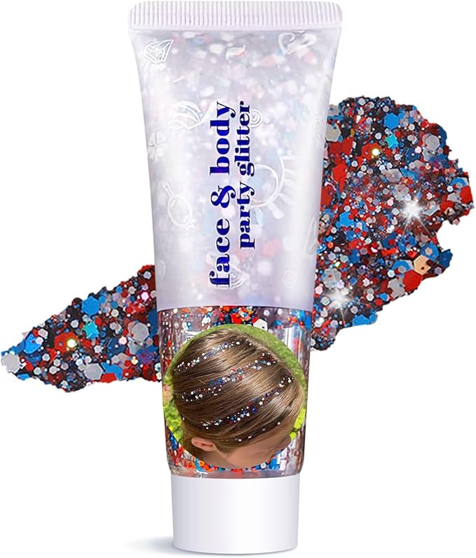 Body Glitter Gel - Christmas Gifts for Kids and Women, Sparkly Chunky Glitter Hair, Singer Concert Festival Rave Accessories (USA Pride Body Glitter)