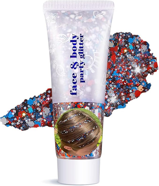 Body Glitter Gel - Christmas Gifts for Kids and Women, Sparkly Chunky Glitter Hair, Singer Concert Festival Rave Accessories (USA Pride Body Glitter)