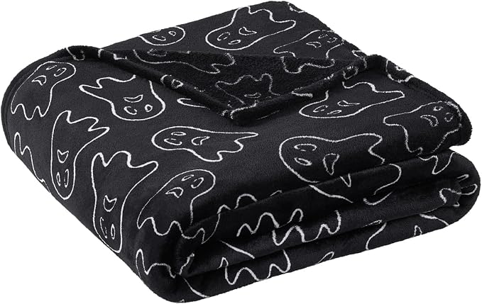 Halloween Fleece Throw Blanket, Cute Ghost Outline on Black, 50x70 XL size | Ultra-soft cozy flannel fleece, for sofa bed couch chair & dorms, spooky Halloween décor, durable and machine washable.