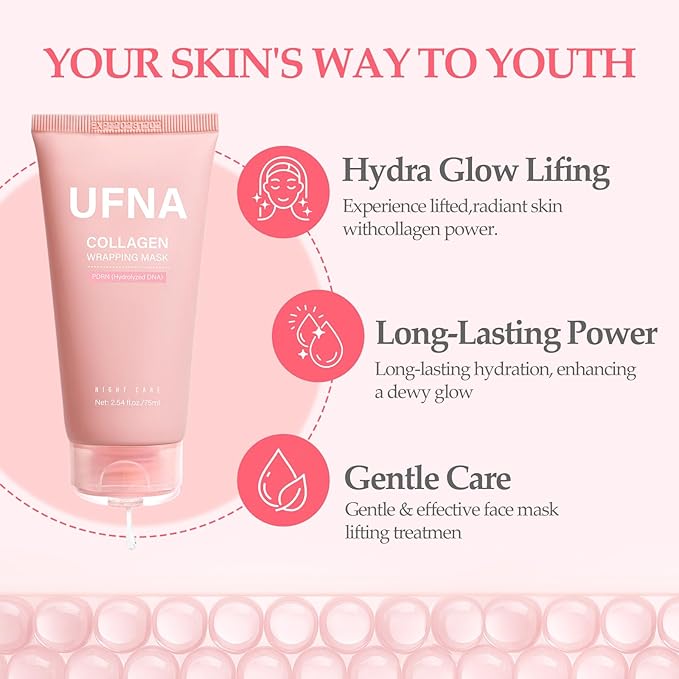 Collagen Face Mask - Overnight Wrapping Mask - Facial Firming, Elasticity & Hydration - Hydrolyzed Sodium + Panthenol +Niacinamide for Reduce Dullness & Promote Smoother Skin Texture - 75ml
