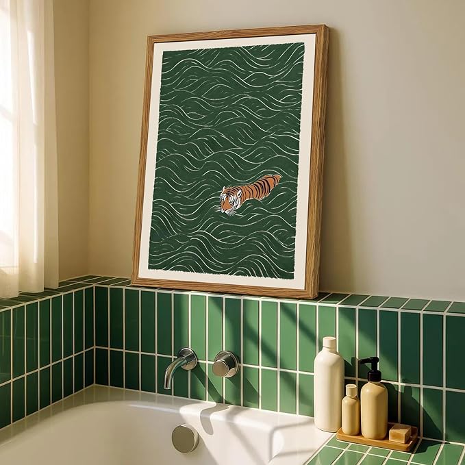 Framed Japanese Tiger Wall Art, Vintage Tiger Swimming Pictures Wall Decor, Funny Wild Animal Paintings Canvas Prints Eclectic Home Decor for Living Room Bedroom Bathroom 12x16 inch