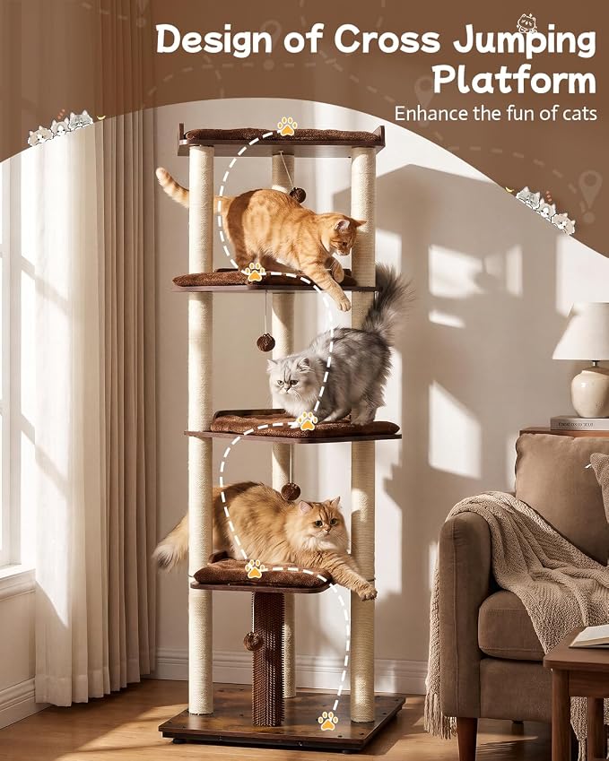 FourFurPets Heavy Duty Cat Tree, 67.7" Cat Tree for Indoor Cats Large Adult, Modern Cat Tower for Large Cats, Cat Tower with Scratching Post, Large Perch and Removable Pads, Rustic Brown