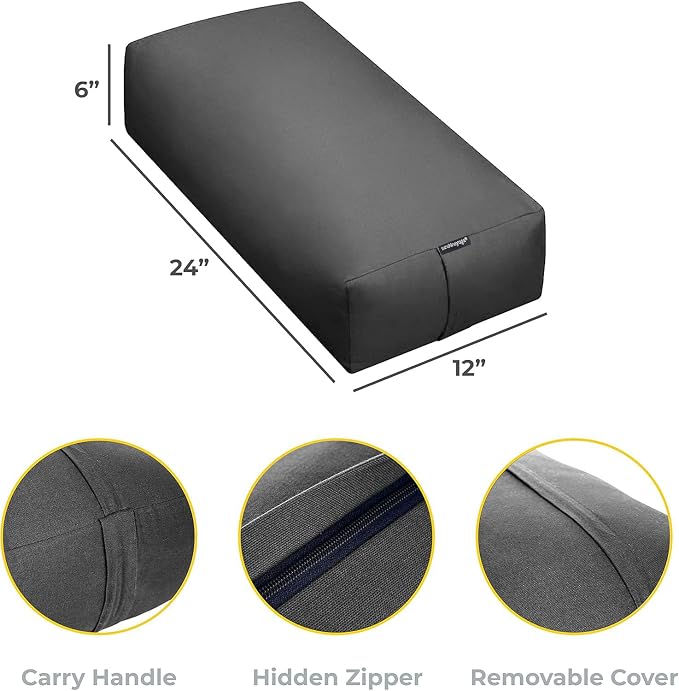 Extra Firm Large Yoga Bolster, 24" x 12" x 6" Cinched OR Zippered Yoga Pillow, Rectangular Cotton Cushion With Removable Cover for Studios, 1 Pack or 2 Pack