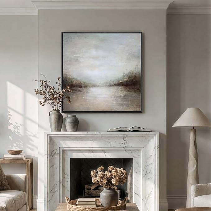 Framed Neutral Abstract Lake Landscape Canvas Wall Art Decor, 30x30 In | Neutral, Canvas prints, Abstract lake landscape, Modern pictures, Rustic square, Living room, Bedroom, Dining room wall decor