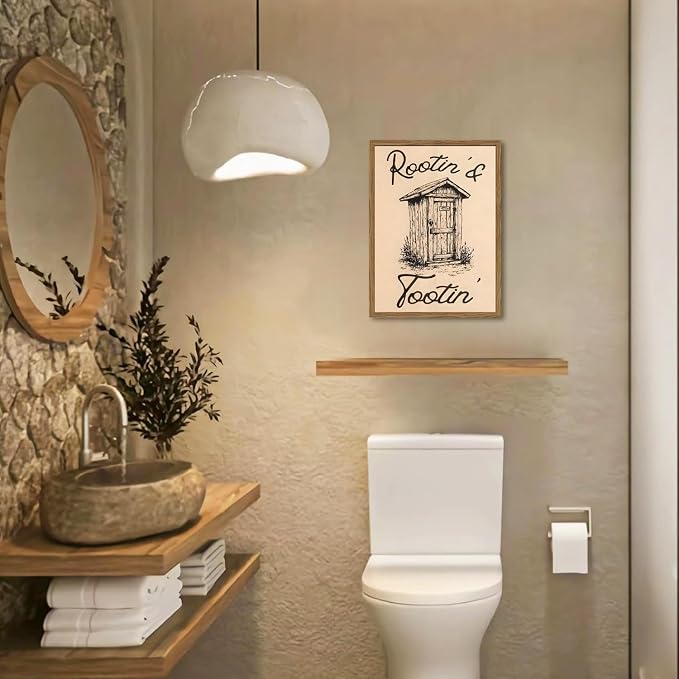 Cute Western Bathroom Wall Art Vintage Southwest Rustic Restroom Wall Decor Painting, Western Cowboy Ranch Toilet Rootin Tootin Poster Canvas Print Picture 16x24 inch Wood Framed