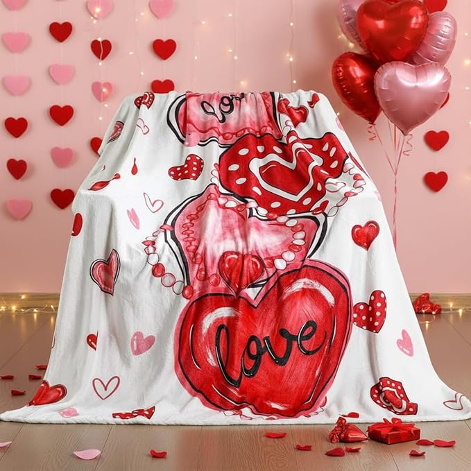 50'' x 60'' Valentine's Day Gift Throw Blanket Plush Home Decor | Red Heart Love Valentine Blanket Home Decor for Sofa Couch Bed