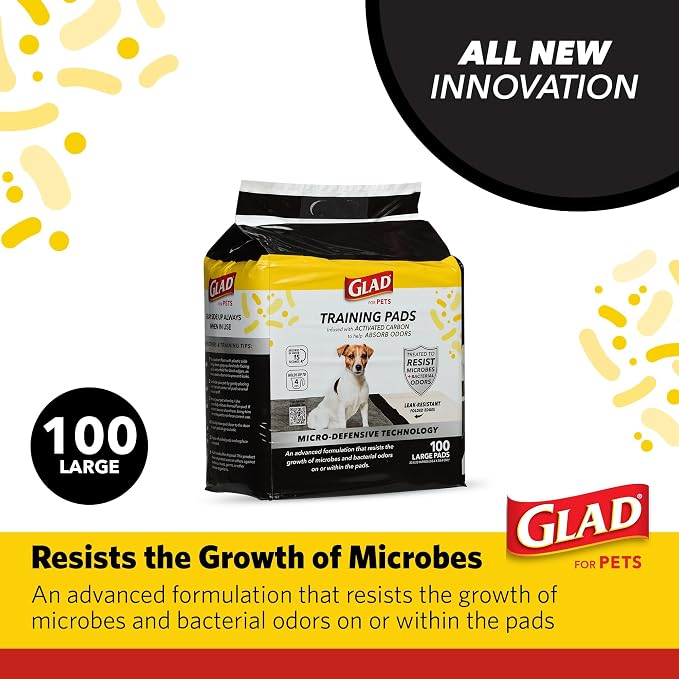 Glad for Pets Activated Carbon Training Pads, Anti-Microbial, 100 Count (Pack of 2)