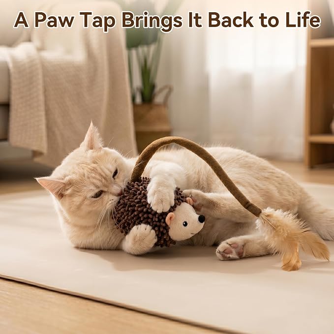 Migipaws Interactive Hedgehog Cat Toy 360° Rolling & Spin with Soft Plush Tail for Indoor Cats Smart Motion Sensor, Realistic Squeak, Rechargeable Plush Kitten Toy (Brown)