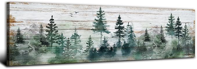 Farmhouse Pine Tree Wall Art Forest Wall Decor Rustic Wood Mountain Picture Canvas Prints for Living Room Kitchen Cabin Home Decor Vintage Woodland Poster Painting Narrow Artwork Decorations 14x48”