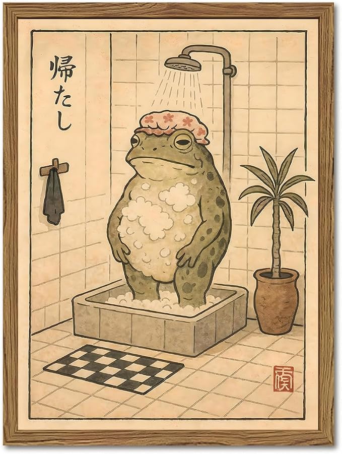 Funny Japanese Frog Bathroom Wall Art Whimsical Frog Shower Wall Decor 16x24 inch Wood Framed, Eclectic Japan Animal Bathroom Poster Painting Canvas Prints Aesthetics
