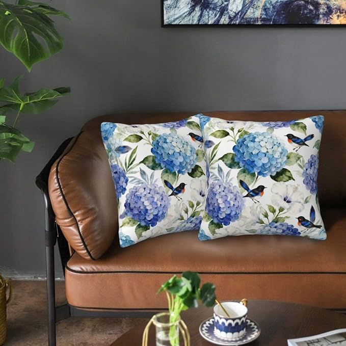 Blue and White Floral Pillow Covers 18x18 Set of 2, Spring Hydrangea Hibiscus Flower Throw Pillow Covers Outdoor Decorative Pillow Case for Couch Bed Sofa Cushion Home Decor
