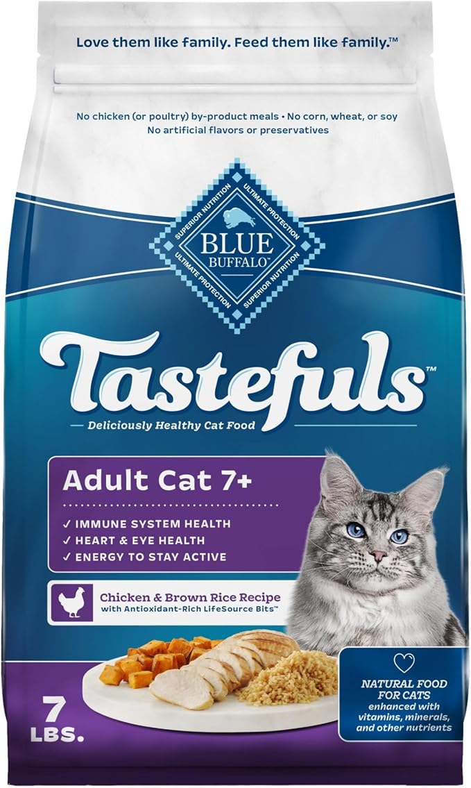 Blue Buffalo Tastefuls Chicken & Brown Rice Senior Dry Cat Food, 7 lb | Chicken & Brown Rice Recipe, For Cats 7 Years and Older, Antioxidant-Rich LifeSource Bits