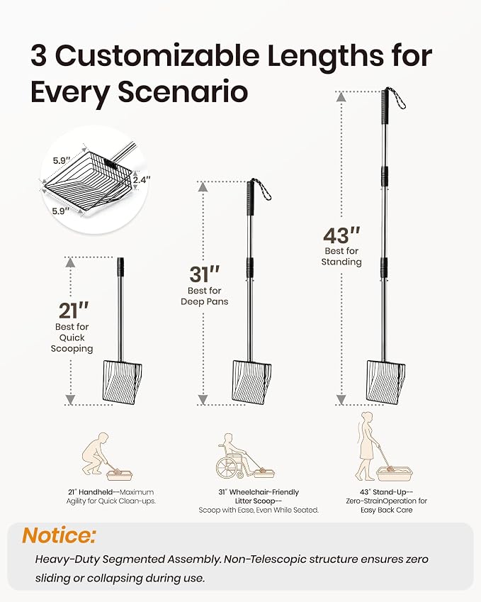 Cat Litter Scoop with Holder 43" Metal Litter Scooper with Stainless Steel Long Handle, Large Kitty Box Scooper Heavy Duty Deep Shovel for Fast Sifting, Dog Waste Scooops for Outside Pet Poop