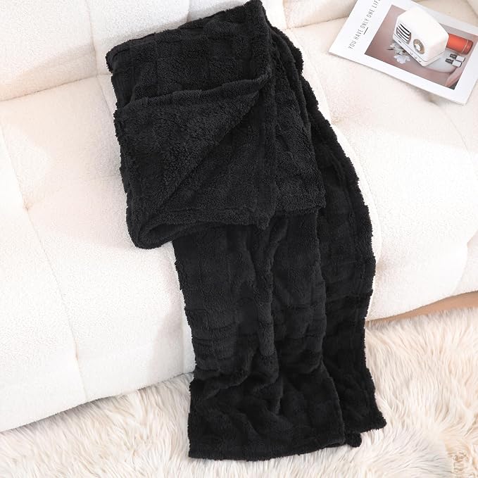 Black Fleece Throw Blanket 50”×60”Checkered Design for Couch Sofa | Super Soft Cozy Plush Microfiber 3D Square Pattern Flannel Blanket for Bed Lightweight for Adults,Women