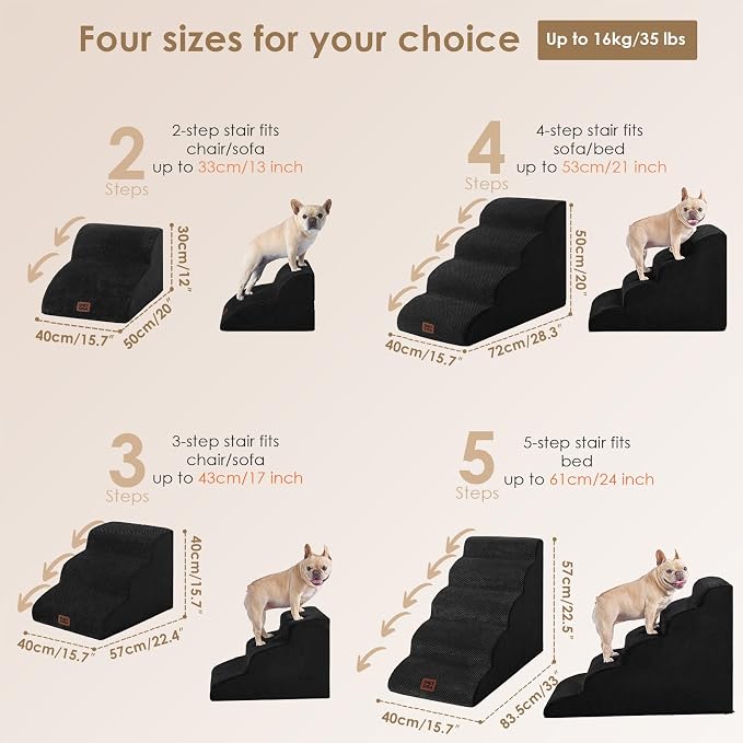 EHEYCIGA Curved Dog Stairs Ramp, 3-Step Dog Steps, 15.7" H Pet Step | 33D density of pure foam, for Small Dogs and Cats, Pet Stairs for High Bed Climbing, Non-Slip Balanced Indoor, Black