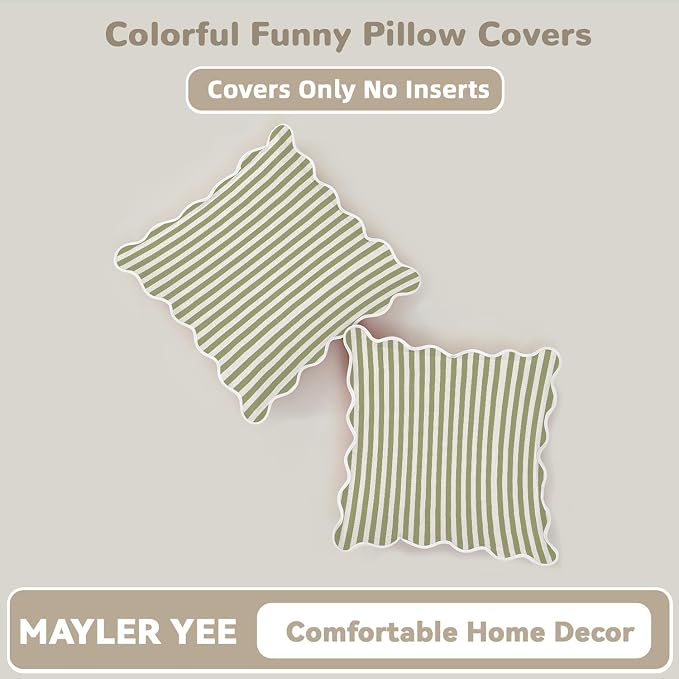 Scalloped Throw Pillow Covers | Decorative Couch Pillows | Cute Stripe Pillow Cases | Boho Sytle for Living Room (Green & White, 18x18 Inch)
