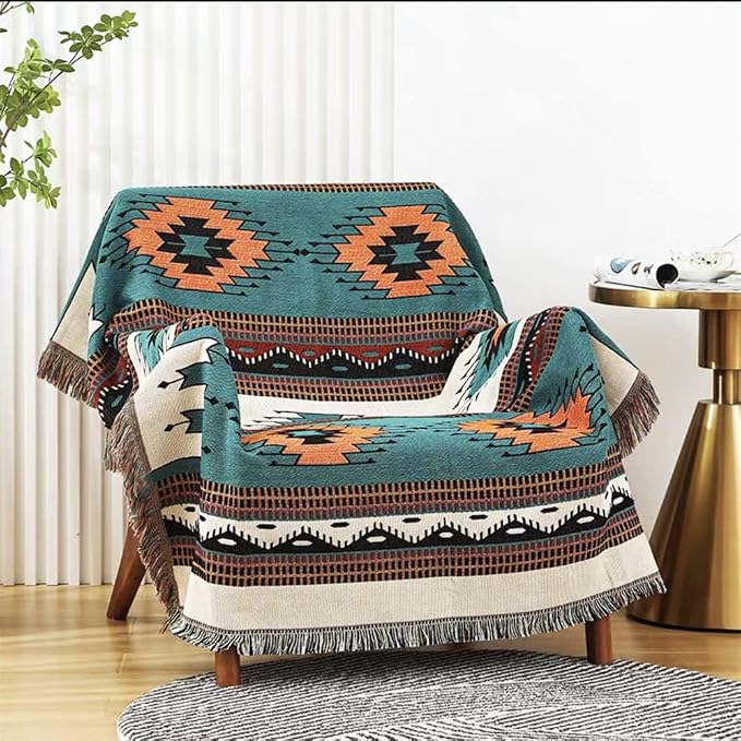 Homesy Aztec Throw Blanket Native Southwestern Bed Blankets 63"x87" Green | Southwest Decor,Boho Style,Sofa Chair Cover,Outdoor Beach Car Tent Travel Camping Use,Tapestry,Reversible and Tassels