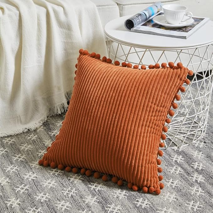 Fancy Homi Set of 2 Rust Decorative Throw Pillow Covers 14x14 Inch with Pom-poms for Couch Bed Sofa, Modern Farmhouse Boho Home Decor, Soft Plush Corduroy Cute Cushion Case 35x35 cm