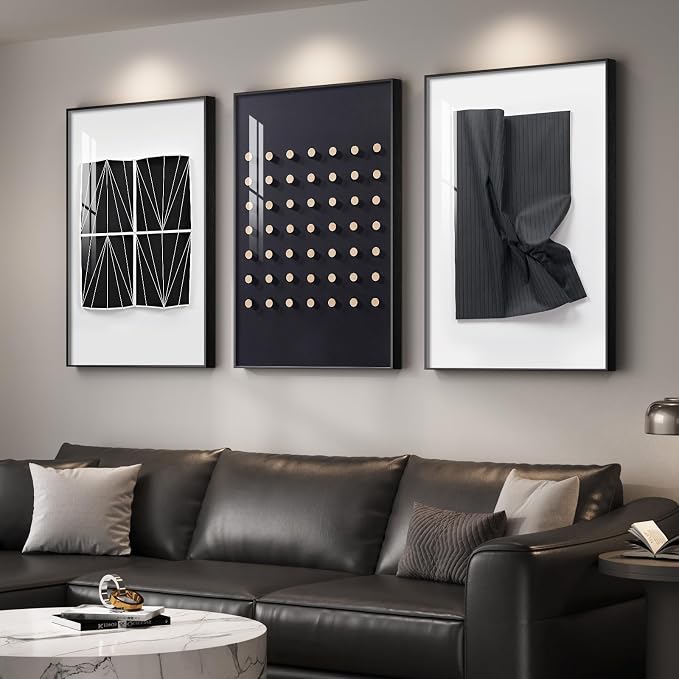 Large Framed Modern Elegant Black and White Abstract Wall Art for Living Room, 3 Piece Contemporary Prints Paintings, Big Size Geometric Pictures for Bedroom Entryway Home Office Wall Decor 24x36 In