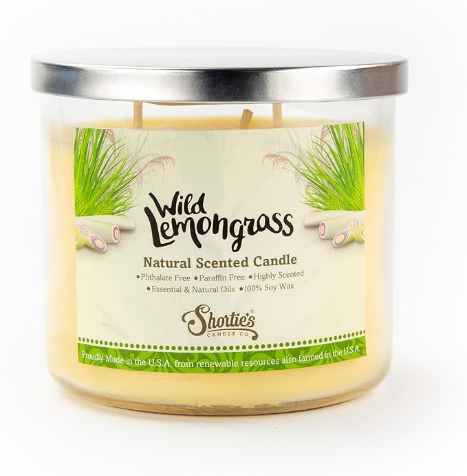 Wild Lemongrass Highly Scented Natural 3 Wick Candle, Essential Fragrance Oils, 100% Soy, Phthalate & Paraben Free, Clean Burning, 14.5 Oz.