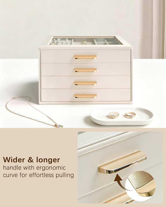 Homeanda Jewelry Boxes Organizer with Glass Lid, 4-Layer PU Leather, Beige | Modern style display case with 4 drawers for daily jewelry, women, mom or girl gift