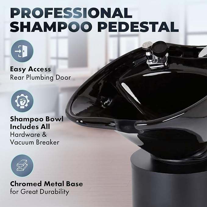 Buy-Rite Paris Pedestal Shampoo Unit - Tilting Porcelain Bowl with Black Metal Base, Silicone Neckrest, Rear Plumbing Access Door, Complete Hardware & Vacuum Breaker Included, NIN-030BLACKBASE-BLK