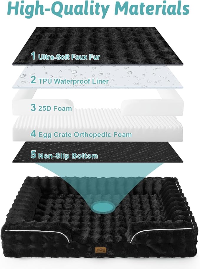COZY KISS Faux Fur Orthopedic Dog Bed Washable for Large Dogs, L Sized | Soft Warm Pet Sofa with Sides or Bolster, Non-Slip and Big Dog Couch with Removable Waterproof Cover, 36x27 inch, Black