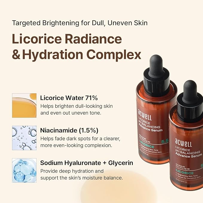 ACWELL Licorice pH Balancing Advanced Facial Serum Ampoule – Dark Spot & Uneven Tone Care with Niacinamide, Lightweight Hydrating Daily Serum for Glass-Skin Glow, 1.01 fl. oz
