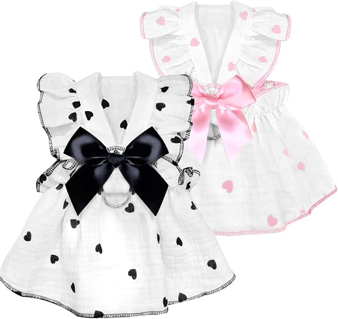 Dog Dresses for Small Dogs Girl Female Dog Cat Clothes Dress Cute Cotton Extra Summer Clothes Bow Decor Printed Love Birthday Outfit Puppy Clothes (Light Pink & Black, Large)