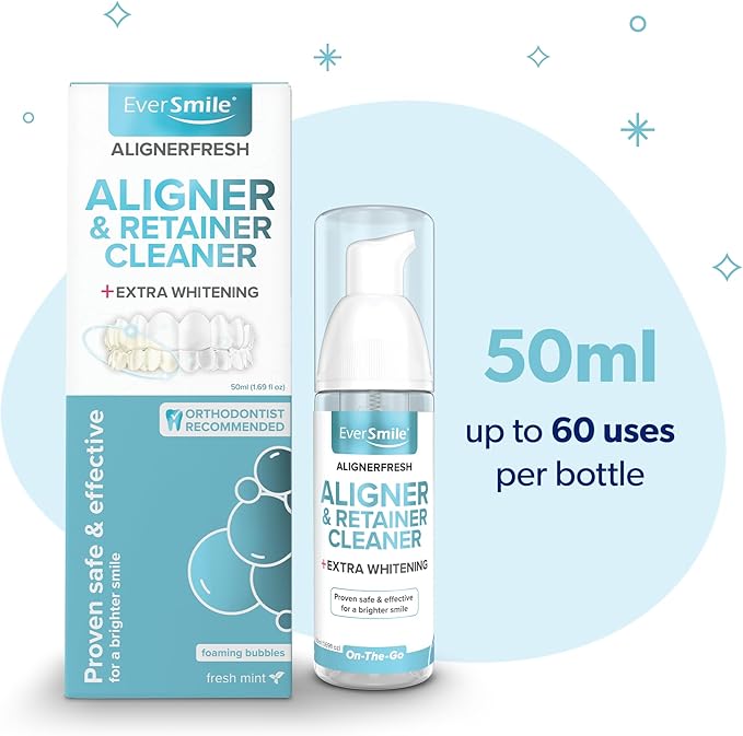 EverSmile AlignerFresh Extra Whitening Foam – Cleaner Compatible with All Clear Aligners and Retainers – Eliminates Bacteria, Whitens Teeth, Fights Bad Breath – 50ml (1 Pack)