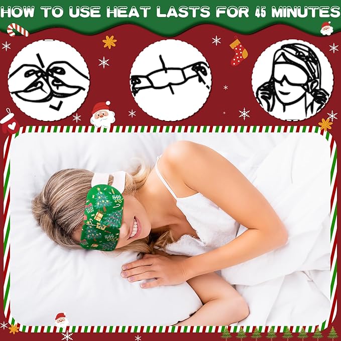 Bonuci 60 Pcs Christmas Steam Eye Masks Bulk for Dry Eyes Disposable Heating Eye Mask for Spa Sleep Warm Compress Stress Dark Circle Relief Puffiness and Relaxation Gifts Christmas Stocking Stuffer