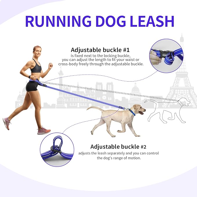 Kazazoo Hands-Free Dog Leash Adjustable Length 5-8 Ft,Crossbody & Waist for Dog Walking, Running for Small Dogs with Reflective Strips, Ballistic Nylon, Waist Belt, Lightweight Blue
