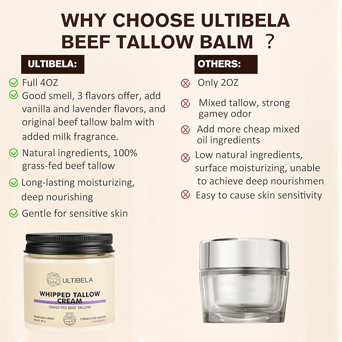 100% Grass-Fed Handmade Beef Tallow for Skin Care, Whipped Tallow and Honey Balm for Body ＆ Face Natural Body Cream for Dry & Sensitive Skin, 4OZ (Lavender)
