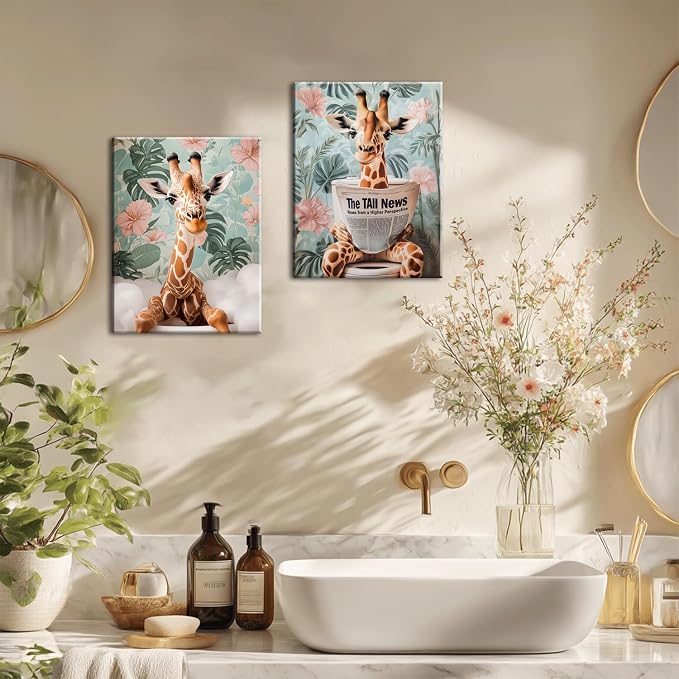 Funny Animal Bathroom Wall Art Set of 3, Cute Giraffe in Toilet Reading Newspaper Wall Decor Paintings Eclectic Giraffe Bathroom Canvas Prints Artwork 12x16 inch Framed
