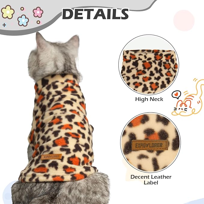 Cat Sweater Warm Fleece Pet Clothes for Cats Only | Soft Cat Vest Puppy Hoodie Coat, Fall Cold Winter Sweatshirt Pullover Clothing also for Small Dogs, Leopard Print M