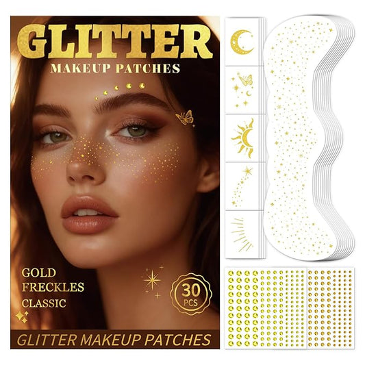 30PCS Glitter Freckles Face Tattoos & Face Gems Set, Classic Gold Glitter Temporary Tattoos Makeup Patches, Fake Freckles Face Glitter for Women’s Rave Outfits & Accessories